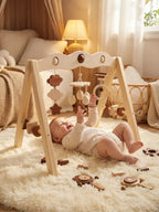 Natural Wood Baby Gym Arch For Babies 0-3 Years, Stable Frame With Suspended Toys