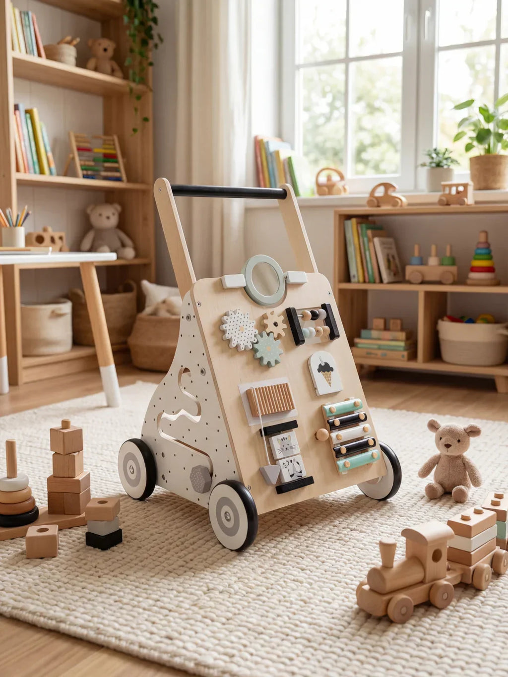 Dřevěný chodítko pro děti ve skandinávském designu