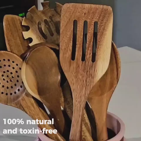 Natural Teak 9-Piece Kitchen Utensil Set For Cooking | petprovac