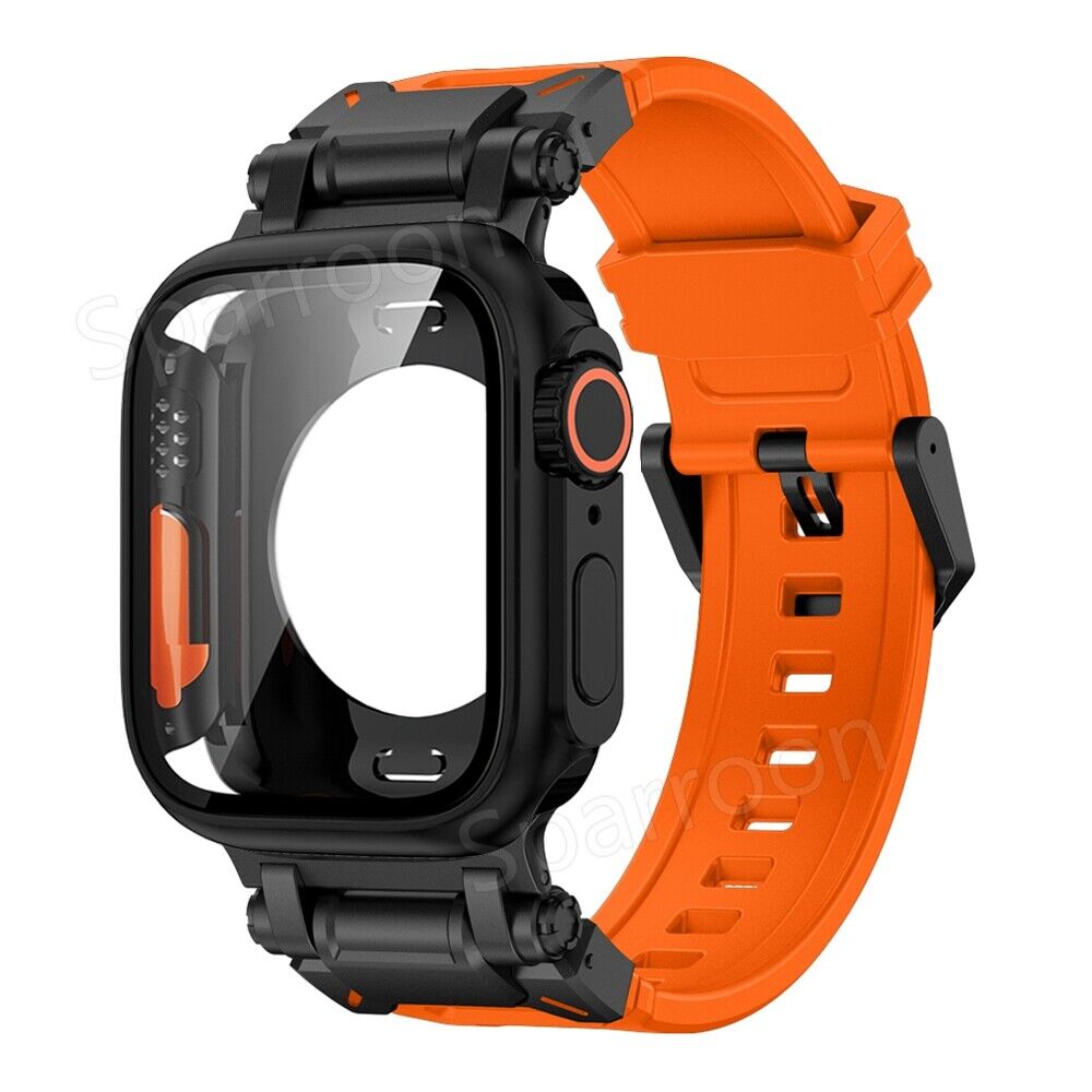 Rovelo Metal Ultra pouzdro s taktickým fluoro pryžovým páskem pro Apple Watch 9 8 7 6 5 4 SE