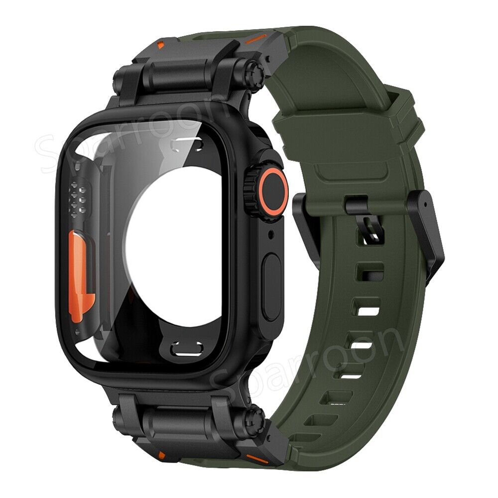 Rovelo Metal Ultra Case With Tactical Fluoro Rubber Band For Apple Watch 9 8 7 6 5 4 SE