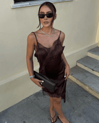 Asymmetric Satin And Lace Adorned Cocktail Dress For Elegant Evenings