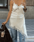 Asymmetric Satin And Lace Adorned Cocktail Dress For Elegant Evenings