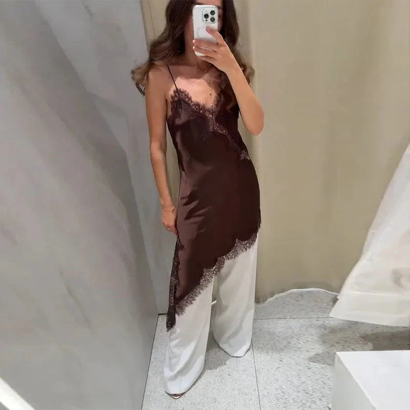 Asymmetric Satin And Lace Adorned Cocktail Dress For Elegant Evenings