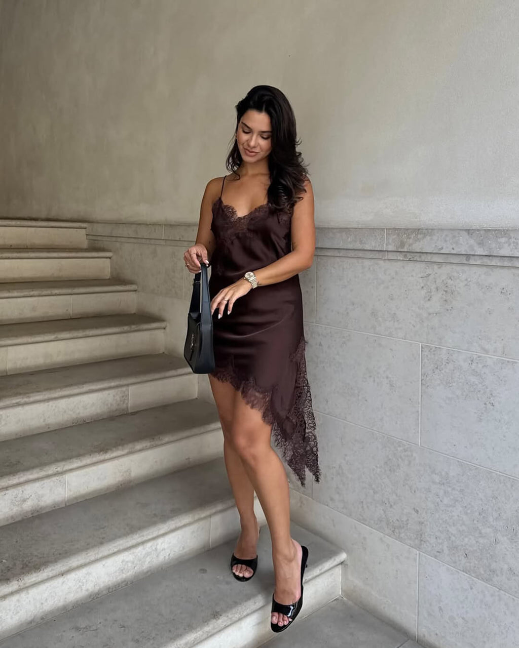 Asymmetric Satin And Lace Adorned Cocktail Dress For Elegant Evenings