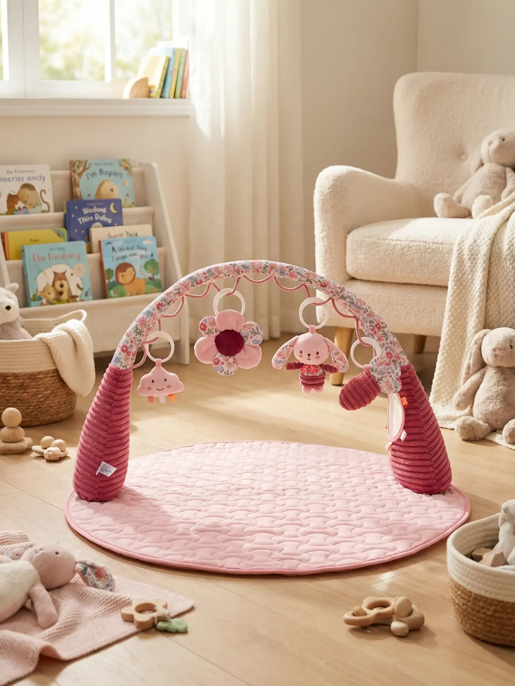 Floral Bunny 2-in-1 Sensory Arch and Play Mat – Pink Baby Gym