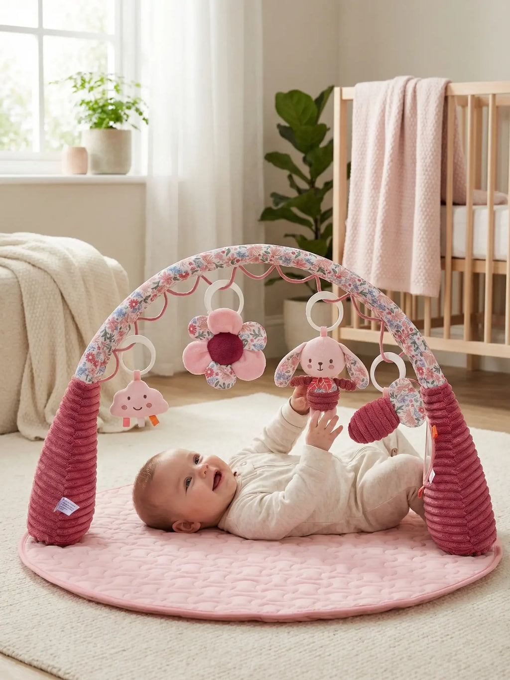 Floral Bunny 2-in-1 Sensory Arch and Play Mat – Pink Baby Gym