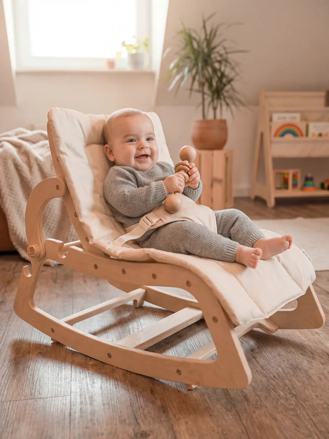 Scandinavian Wooden Baby Bouncer and Toddler Chair